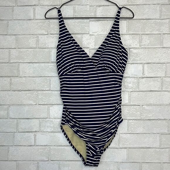 Garnet Hill Stripe Signature Surplice One Piece Swimsuit Maillot 8 - Picture 1 of 7